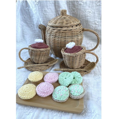 Rattan Tea Pot Set Toy with Crochet Cookies Hot Chocolate