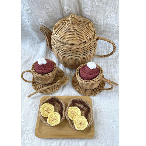 Rattan Tea Pot Set Toy with Crochet Banana Pancake Set, Hot Chocolate