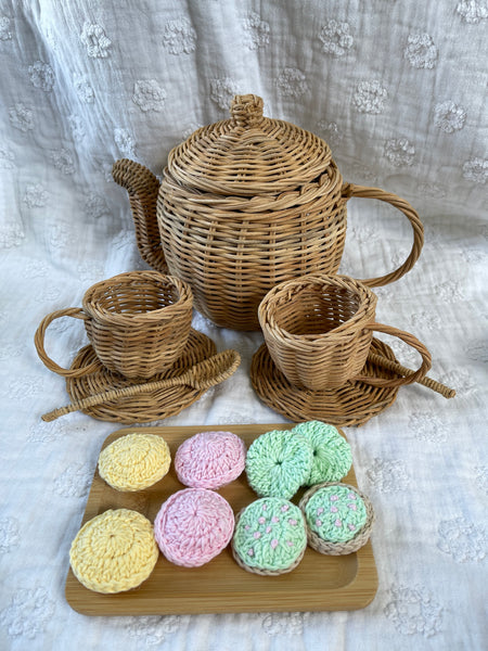 Rattan Tea Pot Set Toy with Crochet Cookies Hot Chocolate