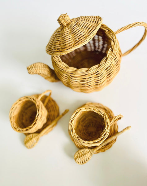 Rattan Tea Pot Set Toy with Crochet Banana Pancake Set, Hot Chocolate