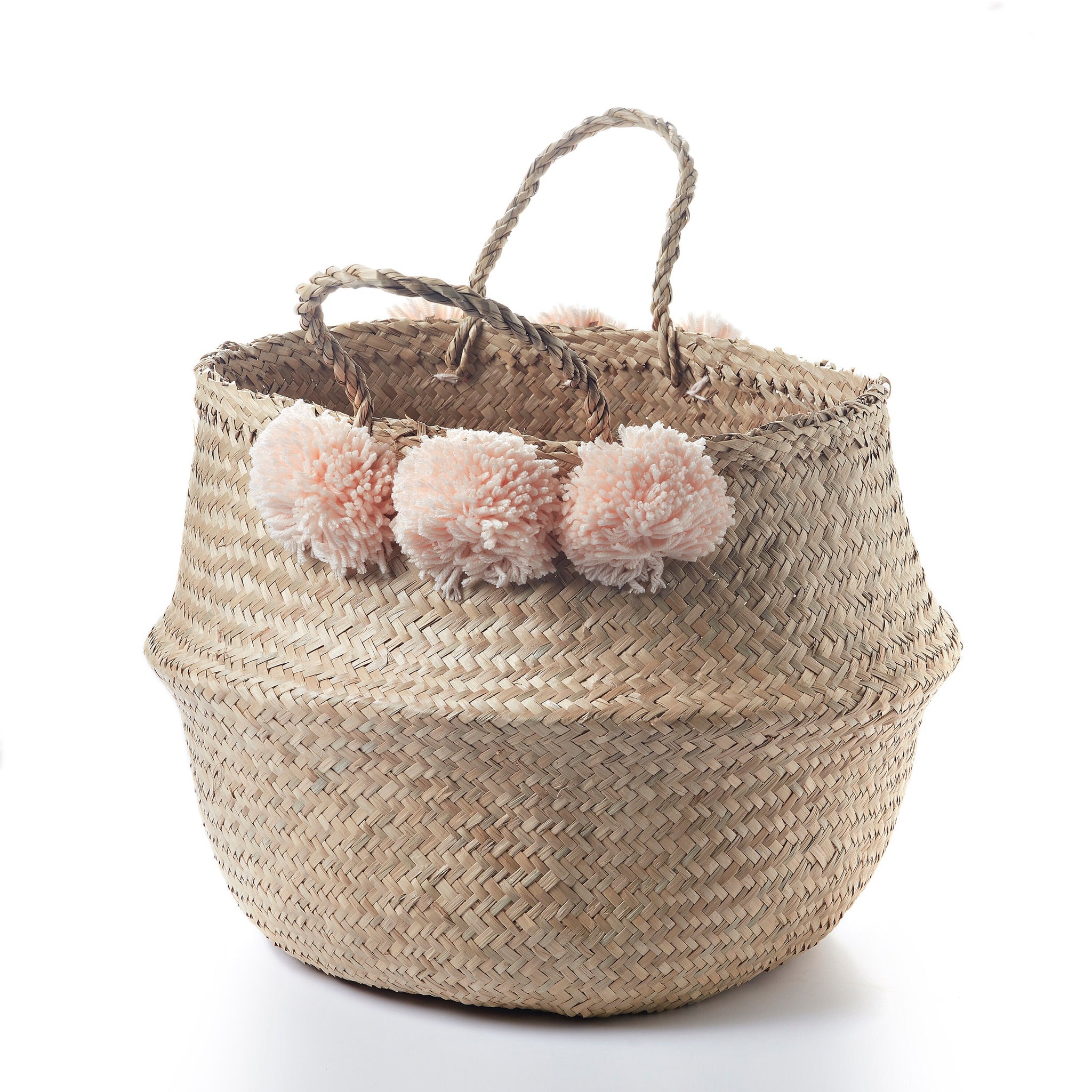 Pinkov Seagrass basket - Stitches and Tweed pink pom pom seagrass belly bakset 