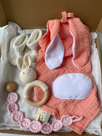 Welcome Baby Gift Set in Pink with Rattle, Lovey, Teether Strap, Booties