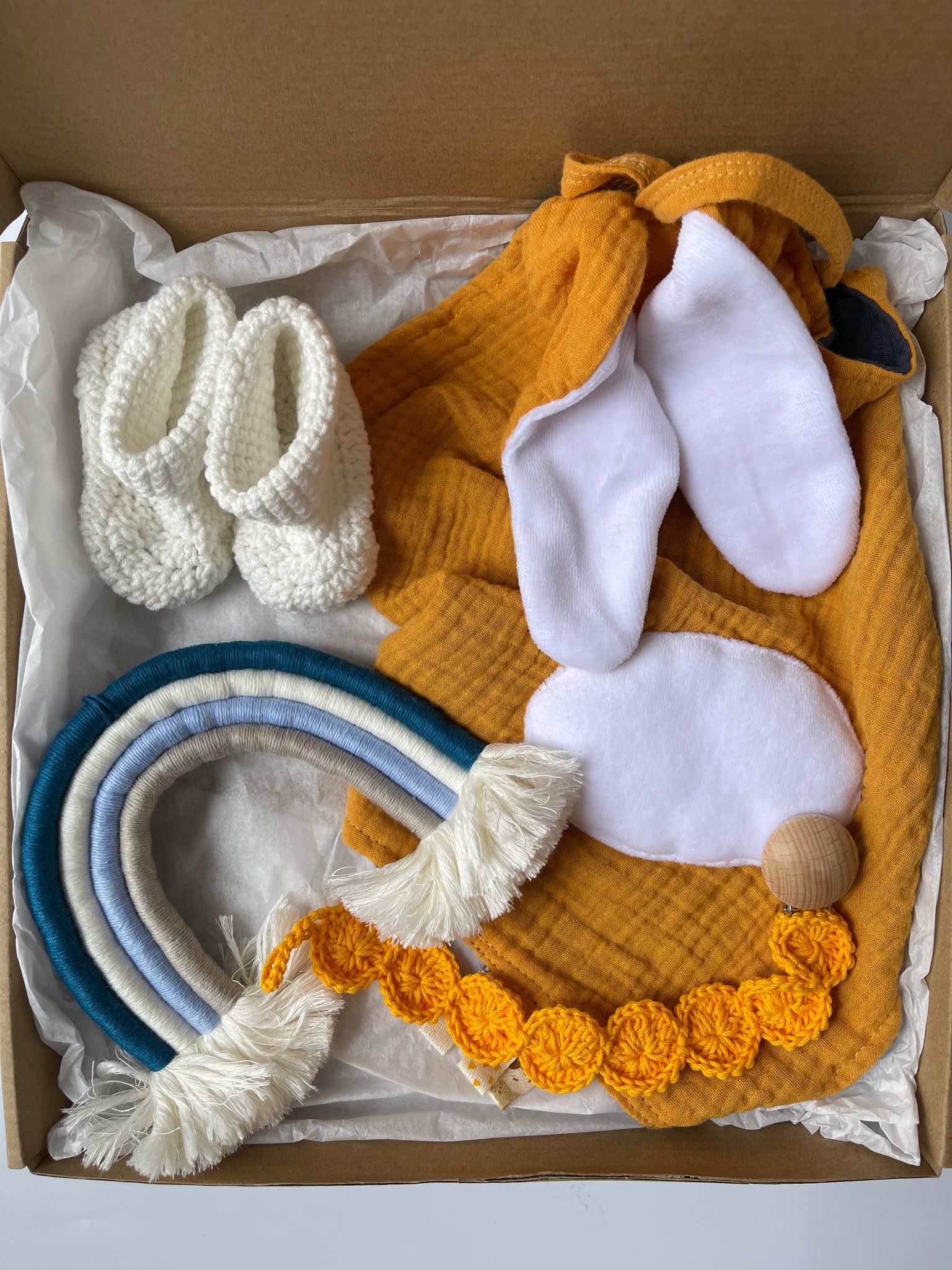 Oh Boy! Bunny Comforter Towel Teether Strap Booties Macrame Gift Set - Yellow Navy