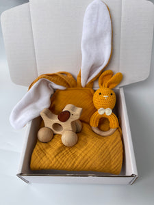 Welcome Baby, Bunny Comforter Towel Baby Push Car Rattle Gift Set - Yellow Navy