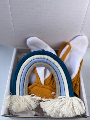 Baby Boy Rainbow Bunny Comforter Towel Blue Personalize Custom Name Macrame Gift Set - Yellow Navy