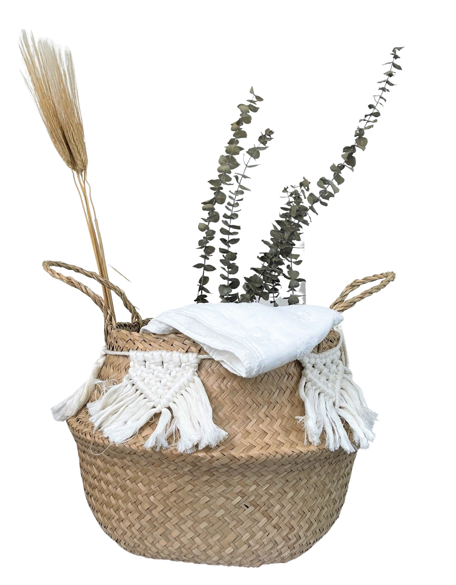 boho macrame designed seagrass belly basket